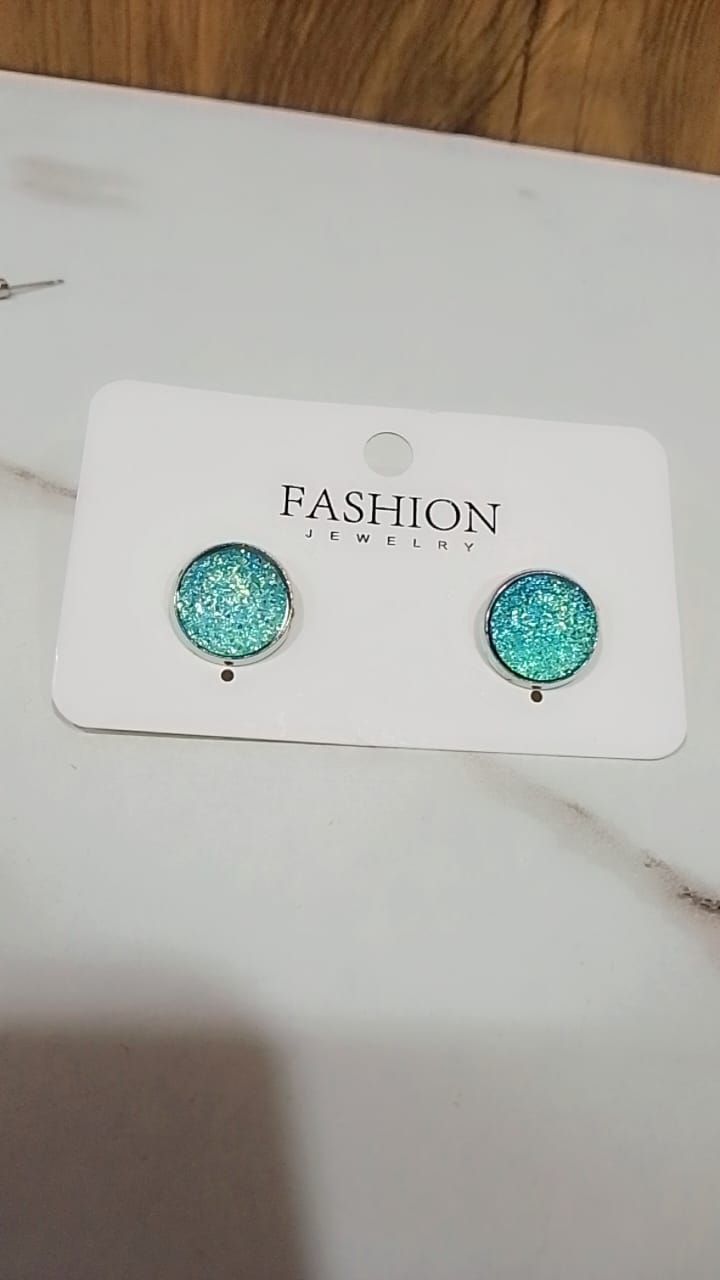 Silver Circular Teal-Blue Glitter Stud Earrings